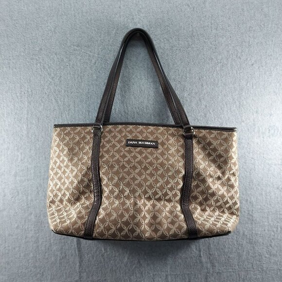Donna Buckman Handbags - Donna Buckman Designer Tote Bag Brown & Beige Patterned Jacquard With Leather Tr
